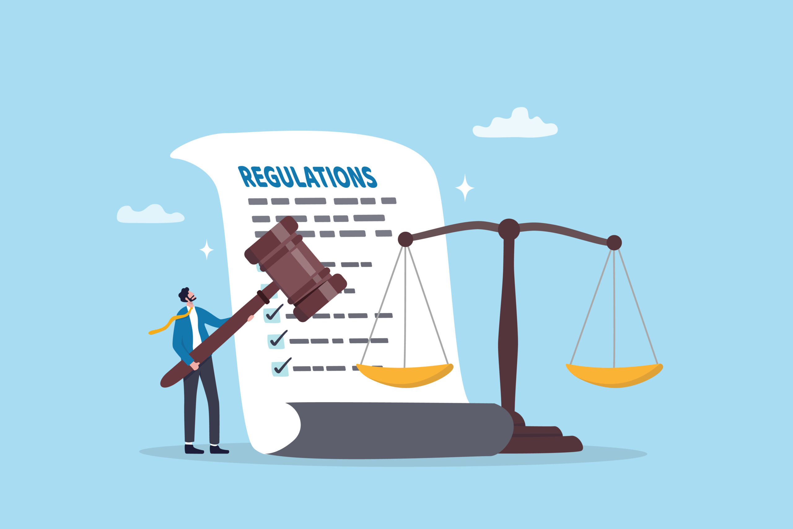 Regulations, law or rules, authority, legislation or government lawsuit, legal document justice or courthouse, verdict or punishment concept, businessman hold gavel with scale and regulation document.